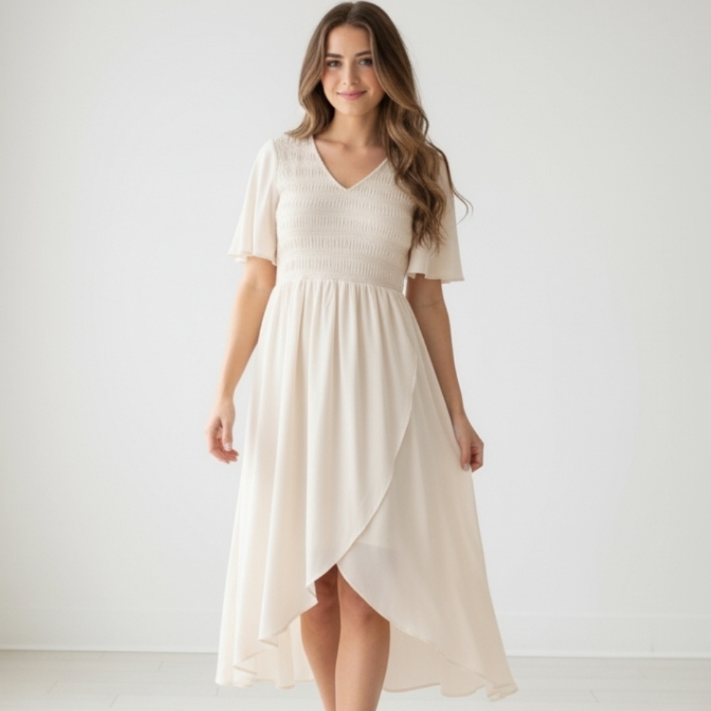 Roolee Ruched Bust V-Neckline Mock Wrap Midi Dress